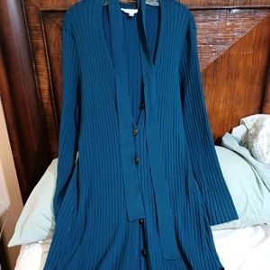Time & Tru Teal color V Neck button front rib knit Midi cardigan w/belt NEW